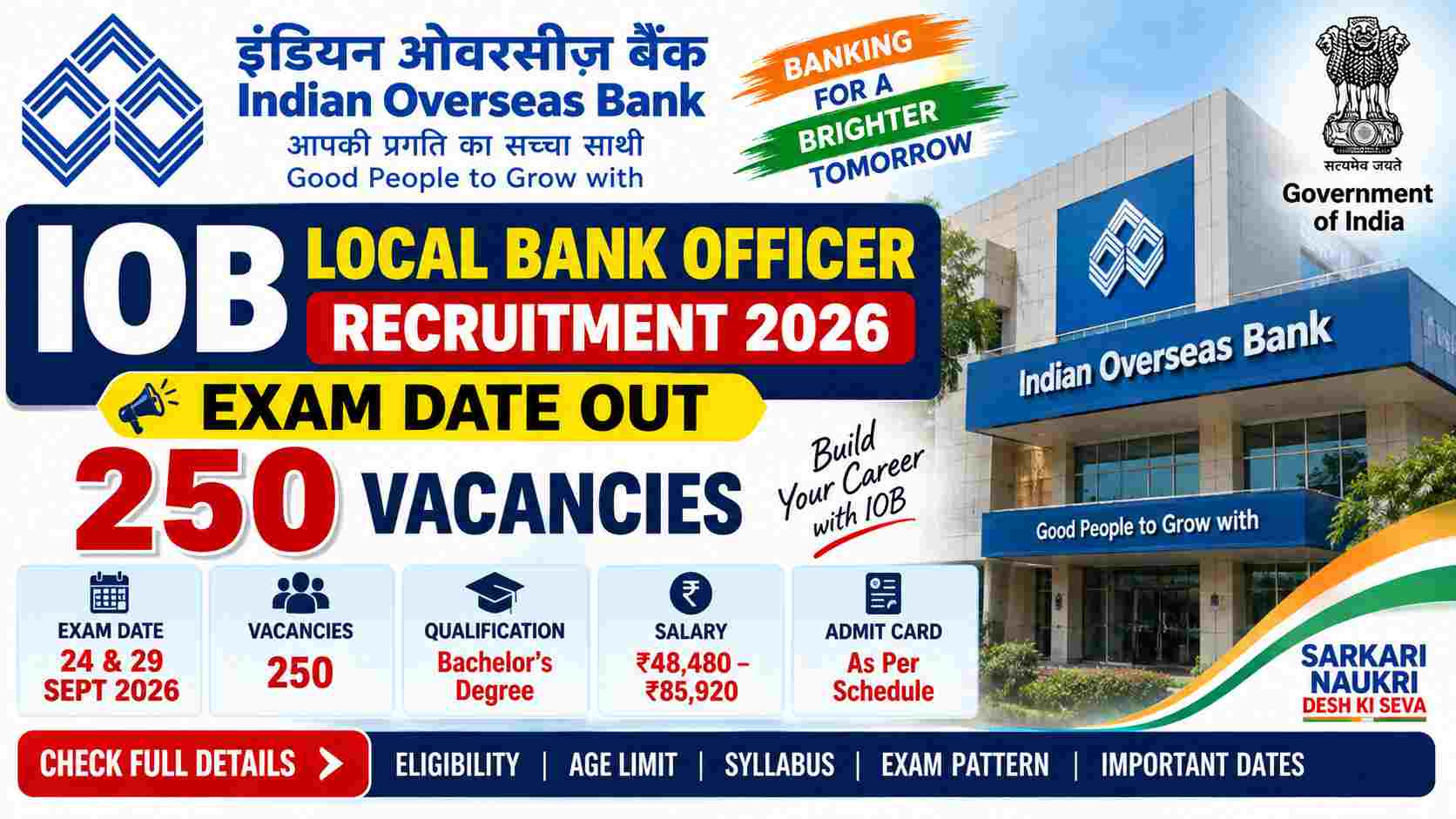 IOB LBO Exam Date 2026 Out, 250 Posts | Admit Card