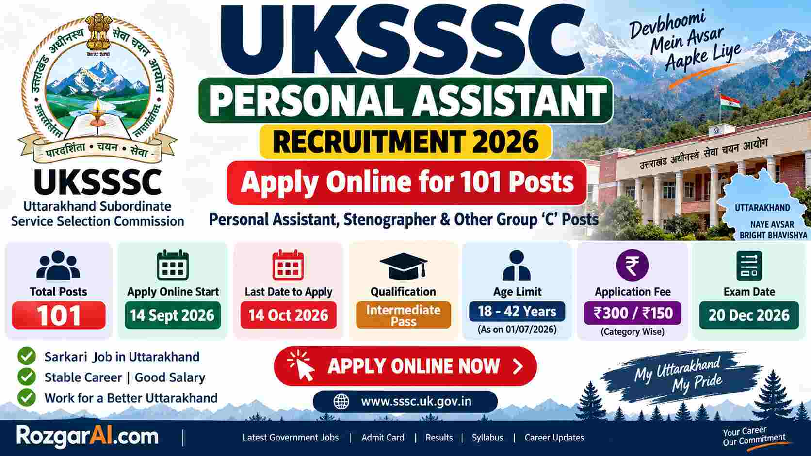 UKSSSC Personal Assistant Recruitment 2026 for 101 posts