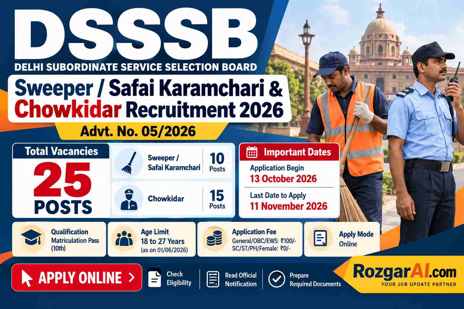 DSSSB Sweeper/Safai Karamchari and Chowkidar Recruitment 2026